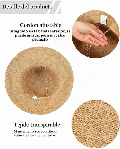 Vista 5 de Sombrero de sol para mujer, hecho a mano, plegable, de paja, sombrero de pescador, gorra de viaje de Caqui