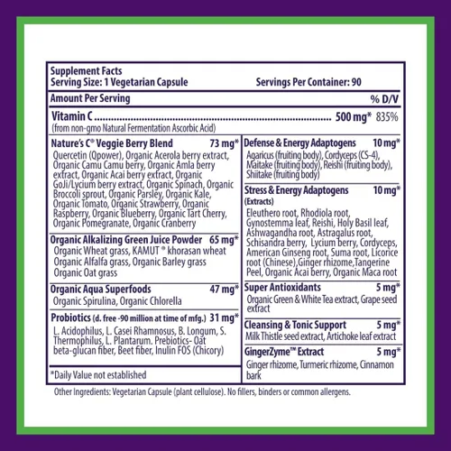 Vista 7 de Paradise Herbs Earth's Blend Vitamina C con Nature's C y adaptógenos, base de superalimentos de probióticos y verduras alcalinizantes orgánicas, 90