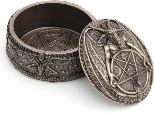 Vista 3 de Veronese Design Wiccan Pentagram Baphomet Oval en forma de caja de baratija Escultura de resina Acabado de bronce