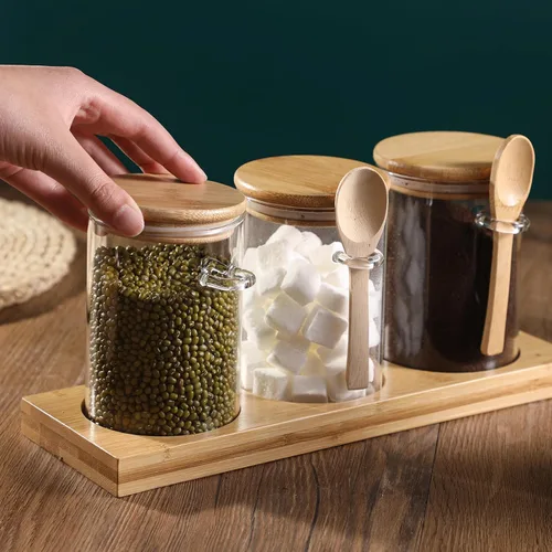 Vista 4 de Recipiente de Vidrio para Almacenamiento de Especias con Cuchara, 3 Frascos Herméticos de 20oz para Condimentos con Bandeja, Juego de Recipientes