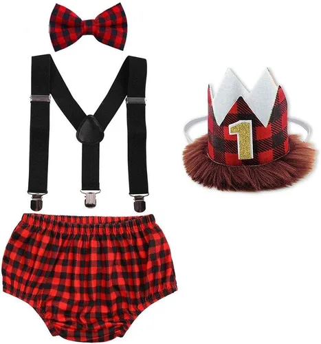 Vista 8 de Conjunto de ropa de bebé niño León Fox Cake Smash Wild One 1er cumpleaños Bloomers cubierta de pañales, tirantes y corbata de moño
