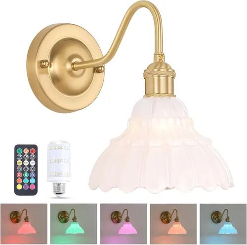 Vista 35 de Shenmoyl - Aplique de pared que funciona con pilas, lámparas de pared vintage recargables con pantalla de vidrio de lirio verde, lámpara de pared