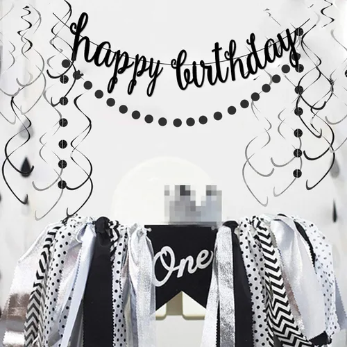 Vista 2 de Kit de decoración de pancarta negra de feliz cumpleaños, guirnalda de puntos circulares con espirales colgantes negros y plateados para cumpleaños