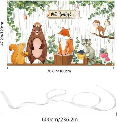 Vista 2 de Cartel de fondo de baby shower con temática de animales de la selva, decoración de fiesta de baby shower, criatura del bosque, fondo de fotografía