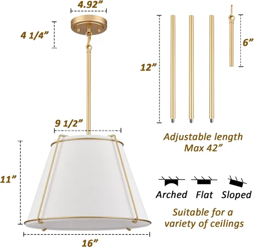 Vista 4 de Lámpara Colgante de Cono con Pantalla de Tambor de Tela con Linterna de Metal de 16 Pulgadas, Candelabros Blancos y Dorados para Cocina, Comedor