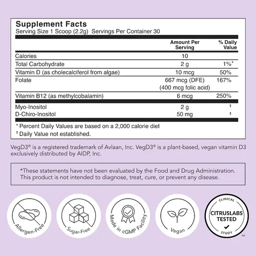 Vista 6 de Rael Balance hormonal para mujeres, suplemento en polvo de inositol - Vitamina B8, proporción probada 40:1, ácido fólico para la función ovárica