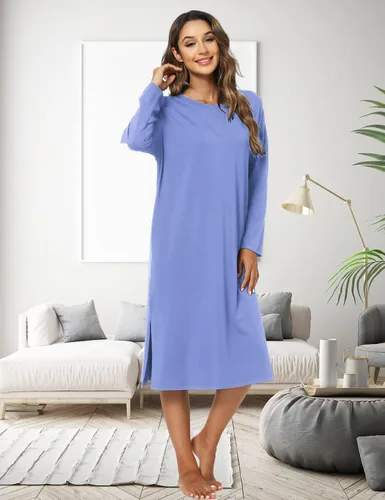 Vista 4 de LazyCozy Camisón de bambú para mujer, de manga larga, cómodo, para invierno, para dormir