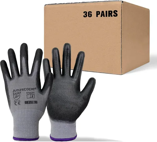 Vista 13 de Guantes de trabajo con revestimiento de poliuretano, 12 pares, guantes de jardín finos para hombres y mujeres, ideales para trabajo ligero