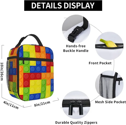 Vista 6 de SARA NELL Bolsa de almuerzo aislada colorida con bloques de construcción de bloques de almuerzo para mujeres, hombres, adolescentes, niños, bolsa