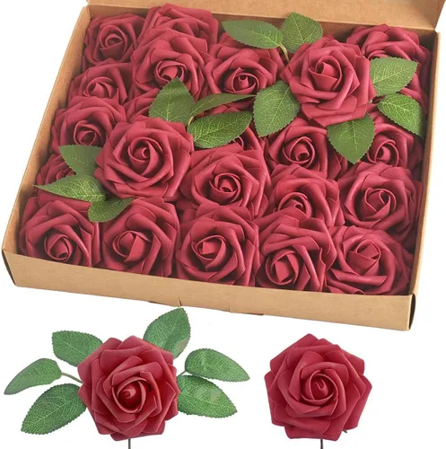 Vista 6 de homEdge Rosa Artificial, 25 piezas de flores artificiales de espuma con tallo para decoraciones del hogar, ramos de boda, fiesta, centros de mesa