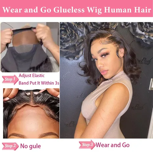 Vista 3 de Wear and Go - Peluca estilo Bob sin pegamento, pelucas de cabello humano con ondas corporales y encaje frontal para mujeres negras, cierre de encaje