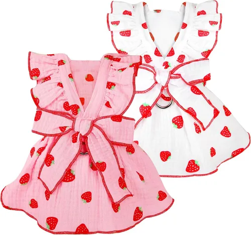 Vista 7 de Vestidos para perros pequeños, hembra, perro, gato, vestido lindo de algodón extra de verano, decoración de lazo, traje de cumpleaños, ropa de Rosa