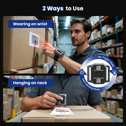 Vista 6 de Eyoyo Escáner de código de barras portátil para muñeca: escaneo rápido y de largo alcance manos libres, mini lector de código QR inalámbrico
