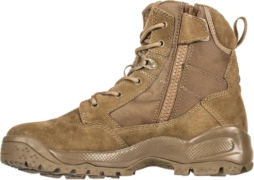 Vista 3 de 5.11 Botas tácticas de 6 pulgadas para hombre, ATAC 2.0 con cremallera lateral, botas de trabajo de senderismo marrones, coyote oscuro