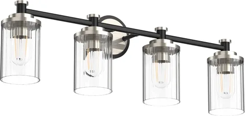 Vista 15 de Luminarias de Baño Negras y Cromadas con Pantalla de Vidrio Transparente de Rayas Cilíndricas Base de Casquillo E26 Luminarias de Baño Sobre Espejo