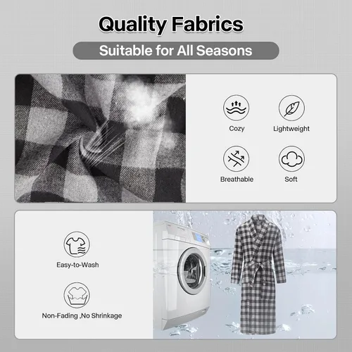 Vista 4 de FashGudim Bata de algodón a cuadros para hombre, ligera, con cuello de chal, kimono, ropa de dormir, ropa de descanso, batas de casa
