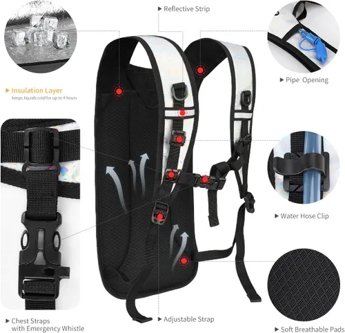 Vista 5 de Mochila de hidratación con vejiga de agua de 2 L, mochila de agua para raves, paquete de hidratación de aislamiento ligero para hombres y mujeres