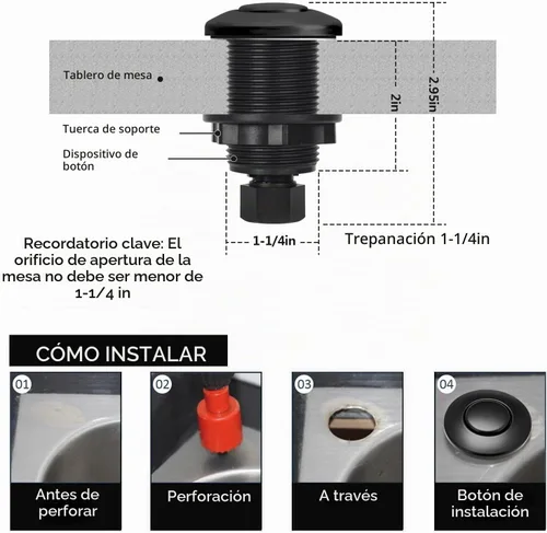 Vista 5 de Kit de interruptor de aire para eliminación de basura con botón de aire corto negro de acero inoxidable Briidea