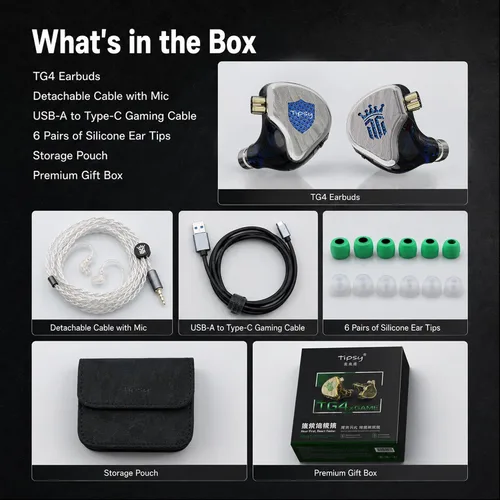 Vista 15 de Tipsy TG4 Gaming IEMs con micrófono, auriculares híbridos para juegos de 4 controladores, aplicación EQ personalizada y control web, modos de juego
