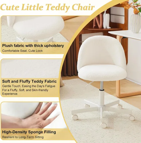 Vista 4 de VINGLI Silla de tocador moderna con respaldo, silla de escritorio de terciopelo para niñas, silla de oficina pequeña con ruedas silenciosas, Blanco