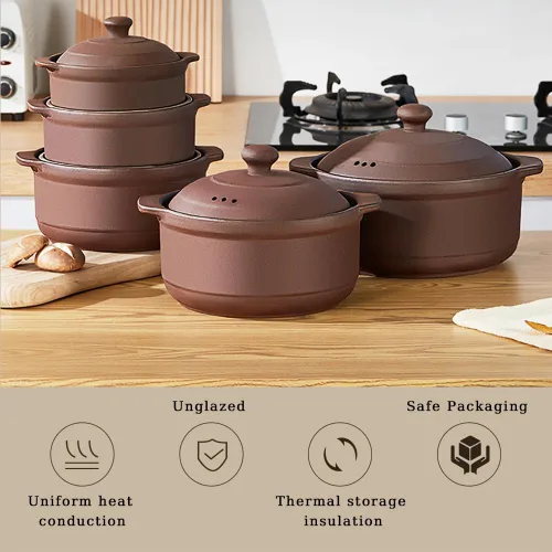 Vista 4 de Cazuela de terracota natural con tapas ollas de arcilla para cocinar, ollas de arroz de loza sin glasear (UpgradeT1-1QT)