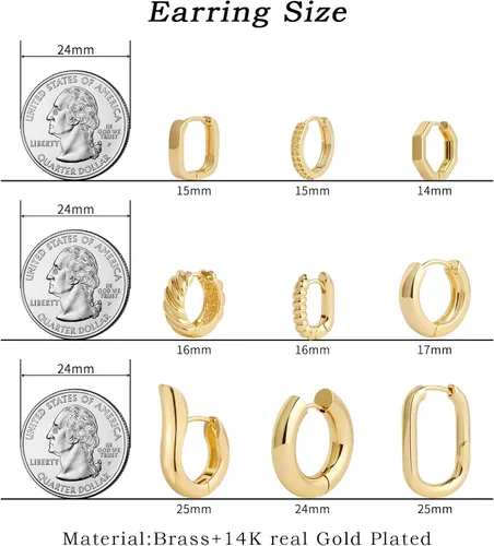 Vista 2 de Juego de 9 pares de aretes de aro de oro grueso para mujer, chapados en oro de 14 quilates, hipoalergénicos, trenzados, joyería gruesa