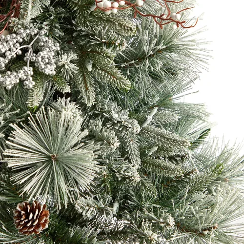 Vista 5 de Nearly Natural Árbol de Navidad artificial flocado de 5 pies con 100 luces LED y 186 ramas flexibles en urna decorativa
