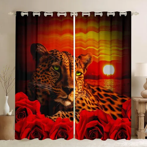Vista 24 de Erosebridal Cortinas de Rosas Rojas 3D Tratamientos para Ventanas de Guepardo, Paneles de Cortinas con Estampado de Gato Leopardo para Sala