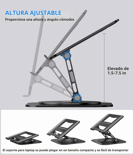 Vista 4 de AOEVI Soporte ajustable para laptop con base giratoria de 360°, soporte estable para computadora portátil, ergonómico y plegable, elevador para Negro