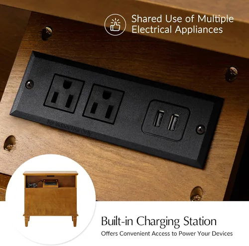 Vista 4 de HULALA HOME Mesa auxiliar con estación de carga, cómoda de 3 cajones con puertos USB y tomas, mesa auxiliar de madera rústica, pequeña cómoda