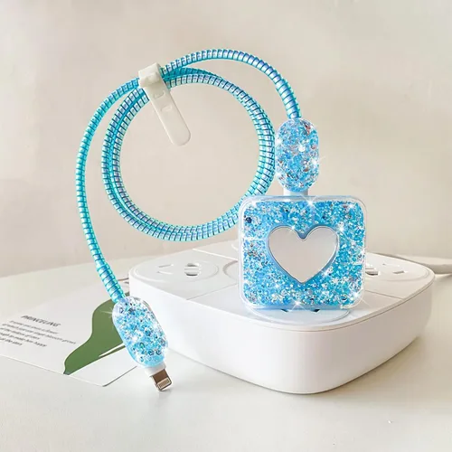 Vista 5 de Bling - Protector de cable para Apple iPhone con espejo, bonito diseño de corazón de amor, funda USB para línea de datos, protector de cargador