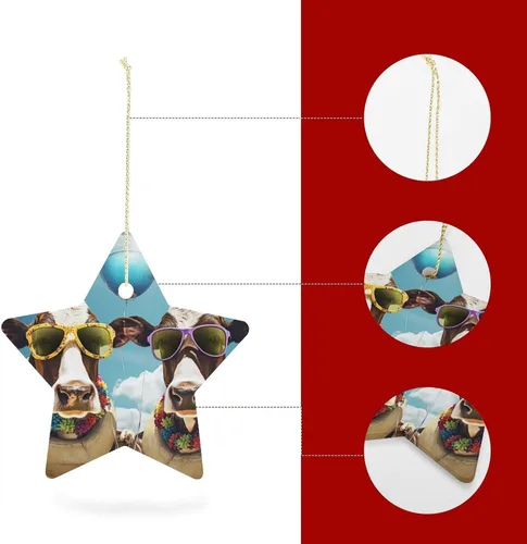 Vista 4 de Adorno de vacas en gafas de sol de porcelana de doble cara de 3 pulgadas, casa de campo, árbol de Navidad, accesorios para colgar, adorno de regalo
