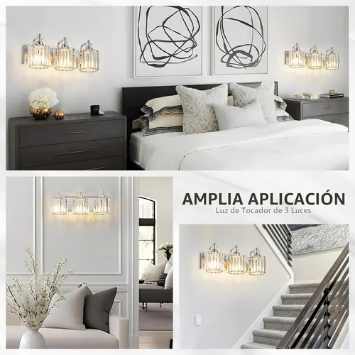 Vista 8 de Accesorio de Iluminación de Baño Moderno de 3 Luces Cromado Luces de Tocador de Baño Sobre Espejo Aplique de Pared con Pantallas de Cristal K9 Base