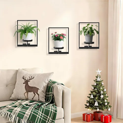 Vista 2 de Paquete de 3 estantes de metal negro para plantas de interior, estantes colgantes para plantas, marco de fotos, estante para plantas al aire libre