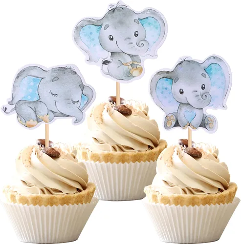 Vista 7 de 36 piezas de decoración de cupcakes de elefante azul It's a Boy Baby Shower para temática de elefante, revelación de género, baby shower, niños