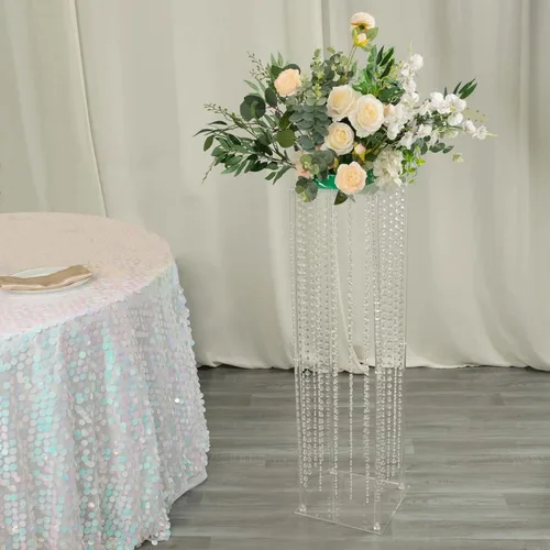 Vista 9 de Efavormart - Jarrón de pedestal de acrílico resistente de 40 pulgadas con cuentas de cristal colgantes, soporte de pilar transparente, centros