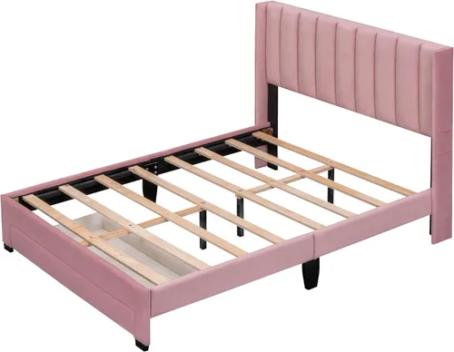Vista 5 de Merax Moderna cama tapizada con cabecera con respaldo de alas, base de cama con soporte de listones de madera/fácil montaje, tamaño matrimonial