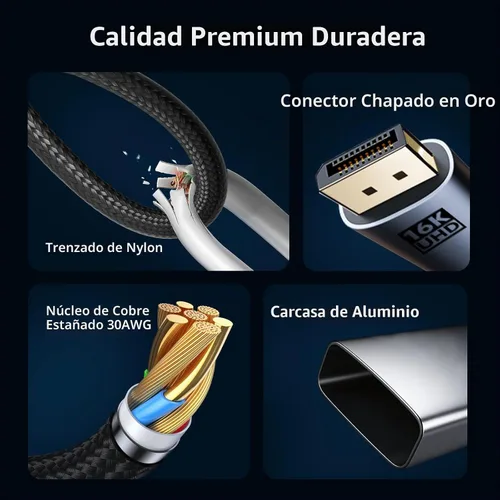 Vista 6 de Cable USB-C trenzado de nailon a DisplayPort 2.1 de 3.3 pies 4K@240Hz