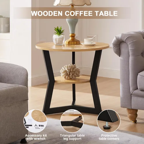 Vista 11 de Mesa auxiliar, mesa auxiliar redonda de madera para sala de estar con mesa de 2 niveles con estante de almacenamiento, diseño de soporte triangular