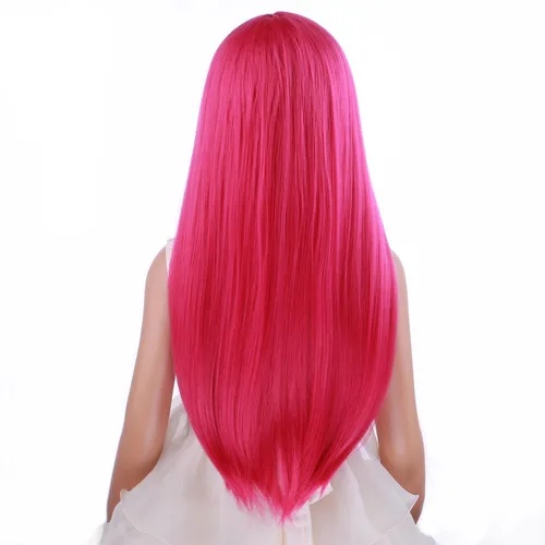 Vista 4 de PATTNIUM Peluca de color rosa intenso para niños, peluca larga y recta, color rosa, para niñas, color magenta, color rosa neón, pelucas sintéticas