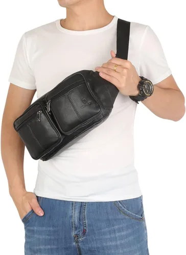 Vista 3 de Riñonera de piel auténtica, bolsa de cintura, organizador con cinturón ajustable, múltiples bolsillos para hombres y mujeres, Negro-878 Grande, L