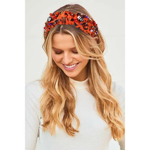 Vista 3 de Diadema ancha con nudo superior y cuentas de perlas de cristal, adorno de calabaza y caramelo de calabaza, accesorio de Halloween para mujer