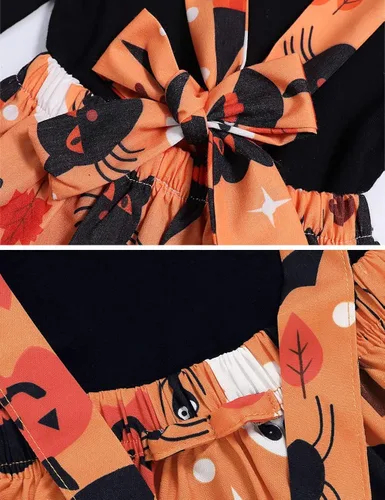 Vista 4 de Conjunto de ropa de Halloween para recién nacido, con volantes, tirantes, calabaza, murciélago, fantasma, falda con diadema