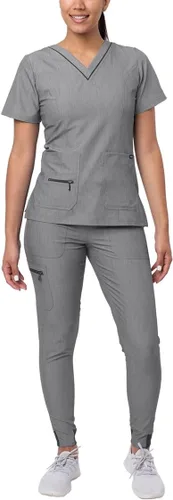 Vista 23 de Adar Pro Scrubs for Women Set - V-Neck & Jogger Cargo Pants, 7 Pockets Blanco