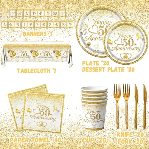 Vista 5 de Decoraciones de 50 aniversario: juego de vajilla Happy 50th con platos y servilletas con purpurina blanca y dorada para saludos a 50 años