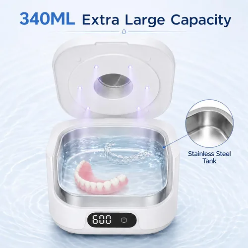 Vista 5 de Máquina limpiadora ultrasónica de retenedores con luz UV, limpiador dental de cápsulas de 49 kHz con temporizador digital, tanque de acero