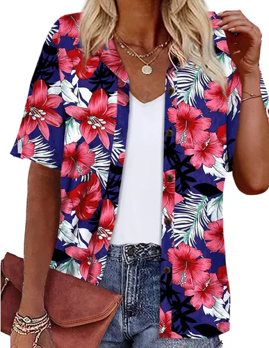 Vista 31 de LILYCHIC Camisas hawaianas de verano con botones de coco para mujer, camisas suaves con botones de manga corta A-hoja floral negra