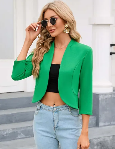Vista 5 de KOJOOIN Chaqueta corta casual de negocios para mujer, manga 34, sin cuello, frente abierto, chaqueta de trabajo