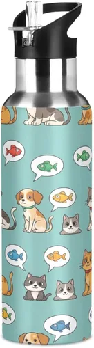 Vista 8 de BPA-Free Sports Water Bottle with Straw 32 Oz, Stainless Steel Vacuum Insulated Water Bottle for Gym Outdoor Travel School, Cartoon Cats Dogs
