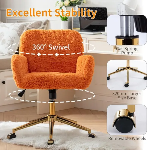 Vista 4 de Silla de oficina artificial de pelo de conejo copetudo, silla naranja con base de metal dorado, silla de escritorio ajustable, silla de oficina